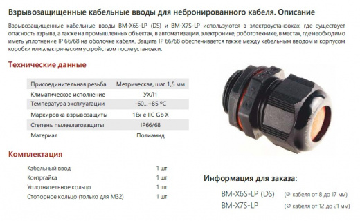 Extherm BM-X7S-LP Кабельный ввод взрывозащищенный М32х1,5 с уплотнением для небронированного силового кабеля Ø18-25мм, с уплотнительным кольцом и контргайкой, полиамид