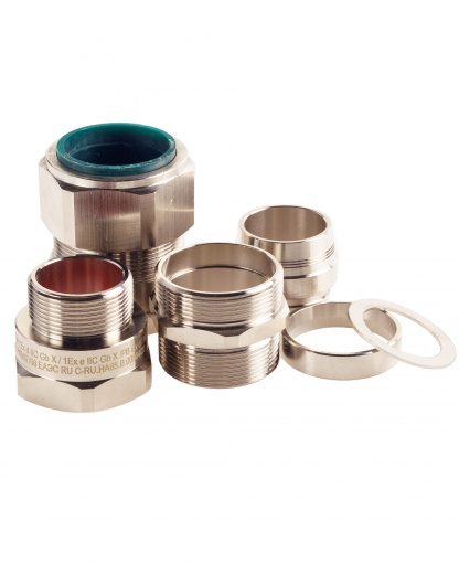 Extherm 32AK 05 Кабельный ввод взрывозащищенный М32х1,5 с уплотнением для бронированного силового кабеля d вн. 17-25,9 мм, d нар.23,7-33,9 мм, М32x1,5 6g, 1ExdIIC Gb X / 1ExeII Gb X, IP66/67/68 и гайкой, латунь