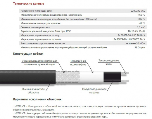 Extherm 17HXTR2-CR Саморегулирующийся нагревательный кабель промышленного применения (трубы, узлы, резервуары) 17 Вт/м, 16AWG, термопласт